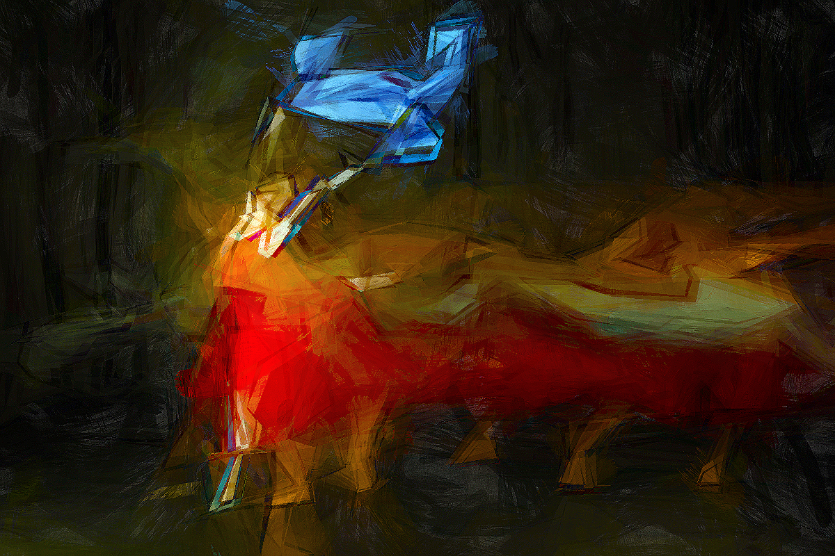 Painterly abstraction of the dancer with blue fabric and red movement trails