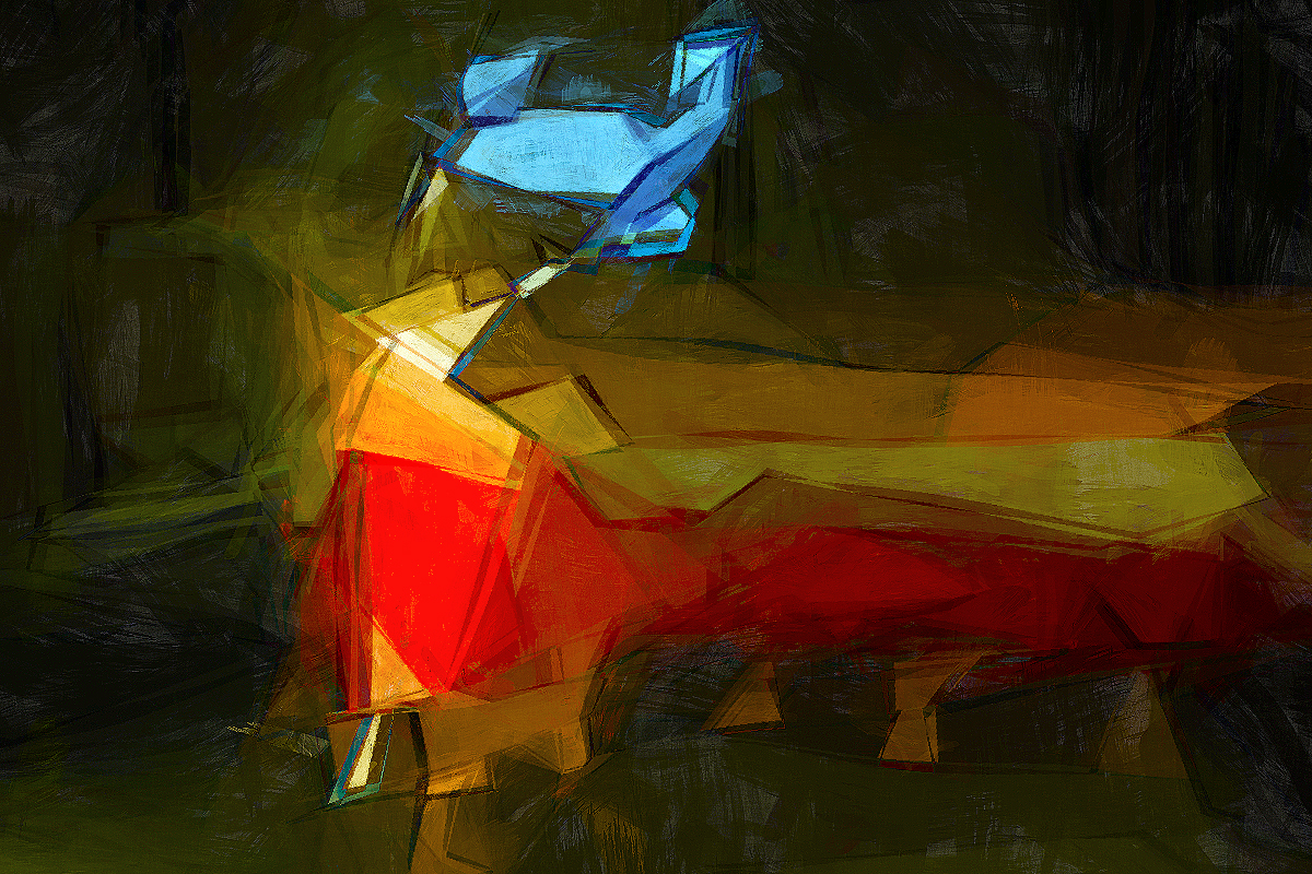 Geometric abstraction of the dancer in vivid blue, gold, and red